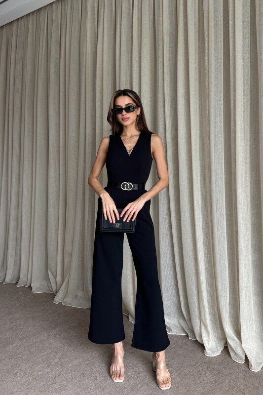 V yaka Önü Aksesuar Detaylı Kemerli Tulum - Siyah - 2