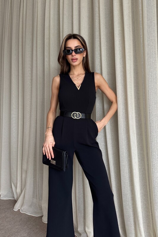 V yaka Önü Aksesuar Detaylı Kemerli Tulum - Siyah - 3