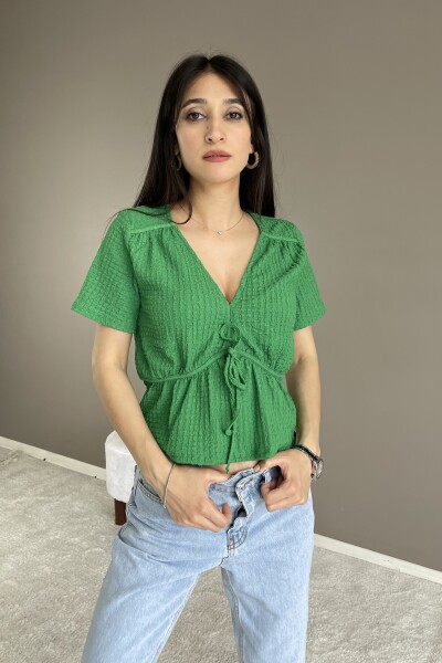 V Yaka Önü Bağlamalı Bürümcük Bluz - Yeşil - MAT Collection