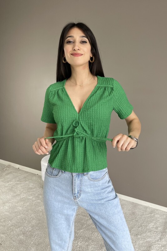 V Yaka Önü Bağlamalı Bürümcük Bluz - Yeşil - 3