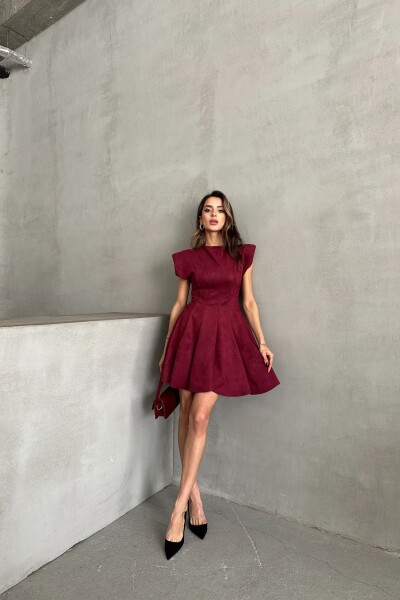 Vatkalı Belden Oturmalı Süet Kloş Elbise - Bordo - 2