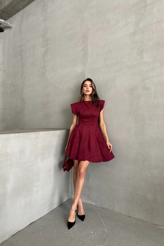 Vatkalı Belden Oturmalı Süet Kloş Elbise - Bordo - 2