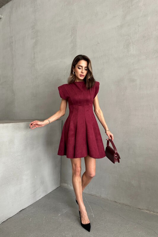Vatkalı Belden Oturmalı Süet Kloş Elbise - Bordo - 3