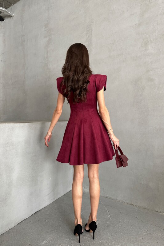 Vatkalı Belden Oturmalı Süet Kloş Elbise - Bordo - 4