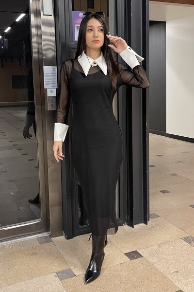 Yaka Tül Elbise - Siyah - MAT Collection