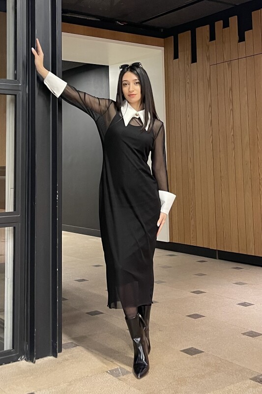 Yaka Tül Elbise - Siyah - 3