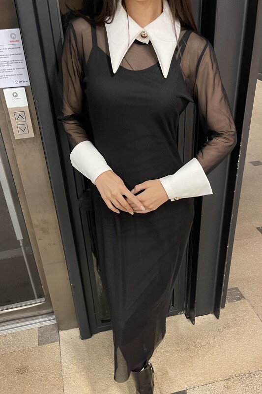 Yaka Tül Elbise - Siyah - 4