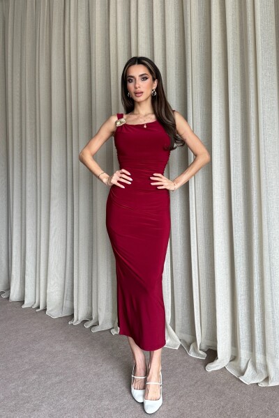 Yanları Büzgülü Omuz Toka Detaylı Uzun Elbise - Bordo - 3