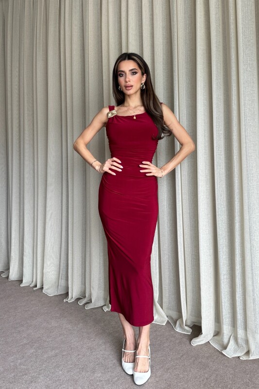 Yanları Büzgülü Omuz Toka Detaylı Uzun Elbise - Bordo - 3