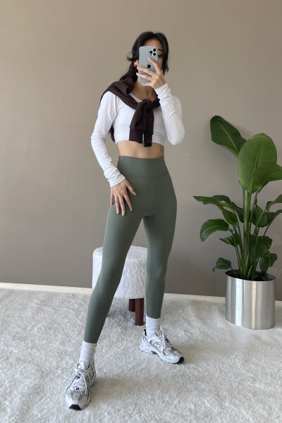 Yüksek Bel İçi Şardonlu Fitilli Tayt - Haki - MAT Collection