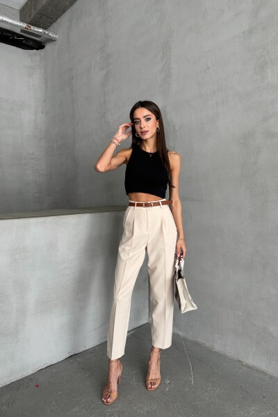 Yüksek Bel Kemerli Pantolon - Bej - MAT Collection