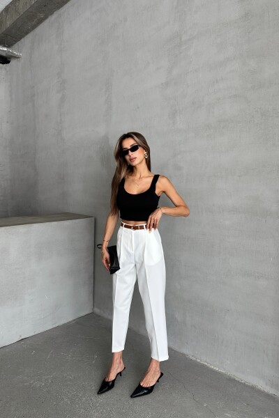 Yüksek Bel Kemerli Pantolon - Beyaz - MAT Collection