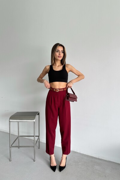 Yüksek Bel Kemerli Pantolon - Bordo - MAT Collection