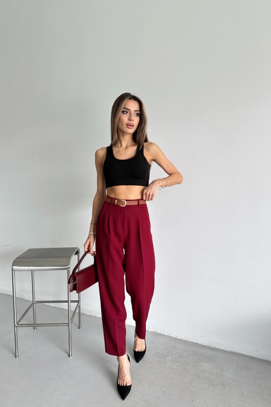 Yüksek Bel Kemerli Pantolon - Bordo - 2