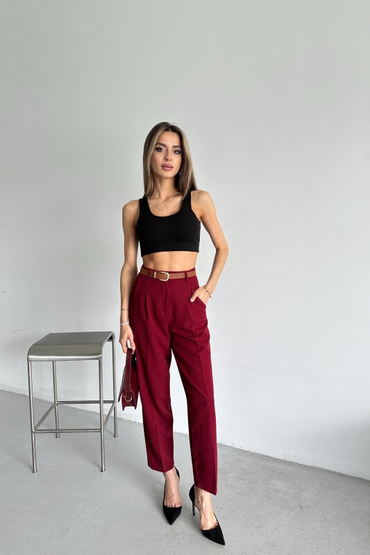 Yüksek Bel Kemerli Pantolon - Bordo - 3