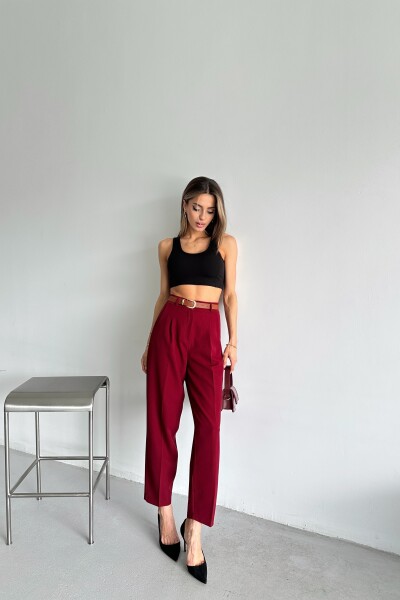 Yüksek Bel Kemerli Pantolon - Bordo - 4