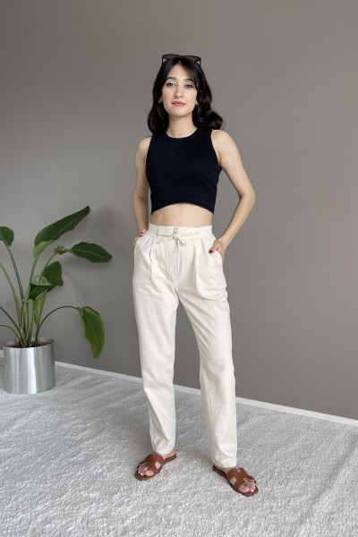 Yüksek Bel Kordon Detaylı Keten Pantolon - Krem - MAT Collection